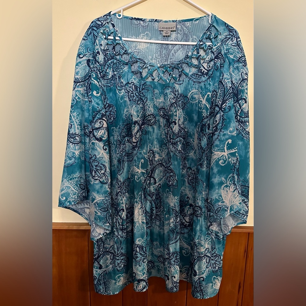 CATHERINES size OX, turquoise floral & paisley print bell sleeved top.